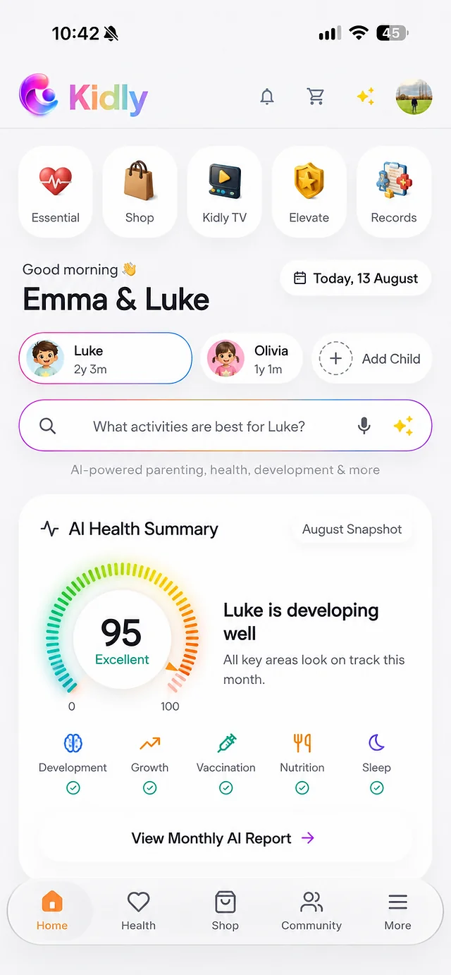 Kidly app home screen with an AI Health Summary score of 95 and shortcuts to health, growth and records