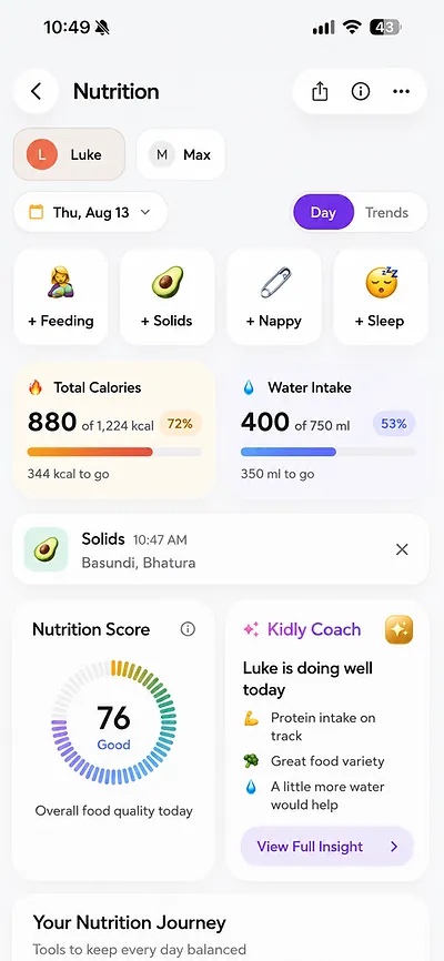 Kidly nutrition log with calories, water intake and a daily nutrition score