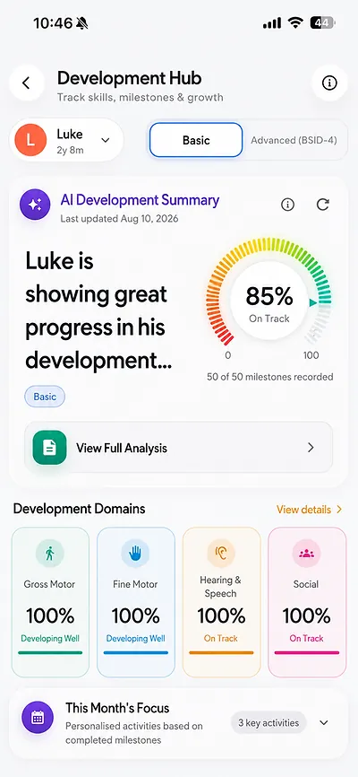 Kidly Development Hub with an AI development summary and progress by domain