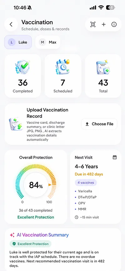 Kidly vaccination tracker showing completed and scheduled doses and the next visit