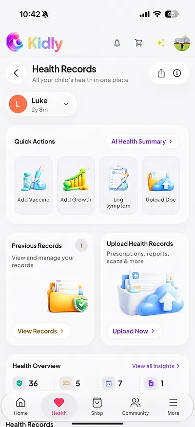 Kidly Health Records screen with quick actions and uploaded records