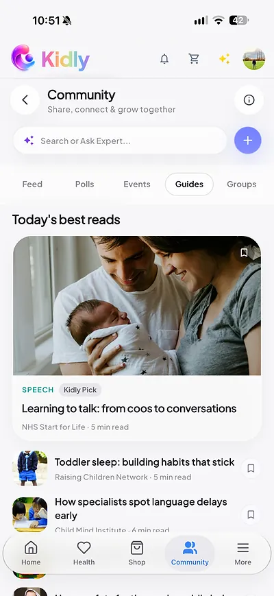 Kidly Community screen listing parenting guides to read