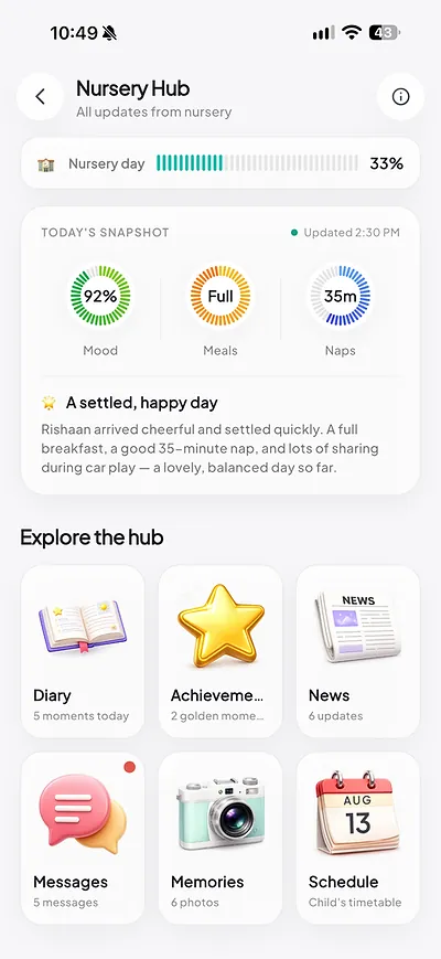 Kidly Nursery Hub with today's mood, meals and naps from nursery