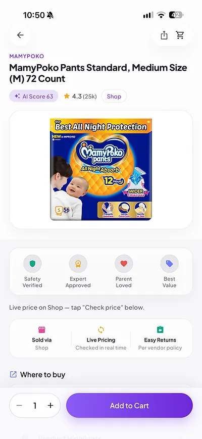 Kidly Shop product page for a pack of nappies