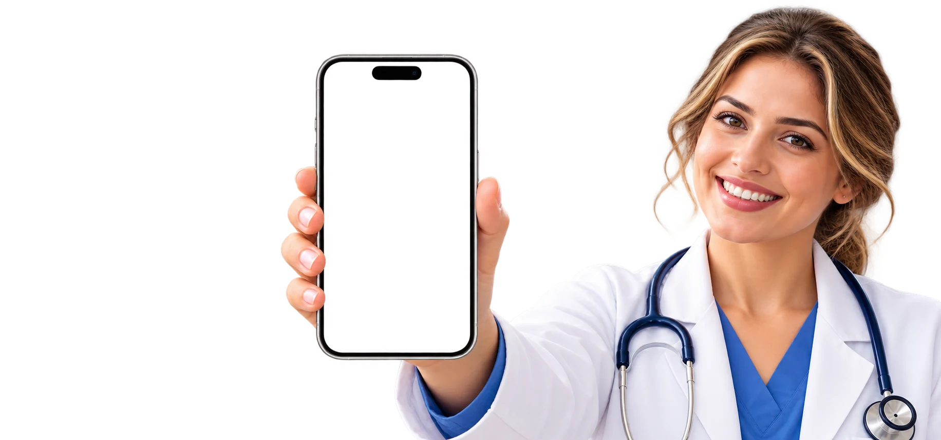A smiling doctor in a white coat with a stethoscope, holding out a phone with Kidly on its screen