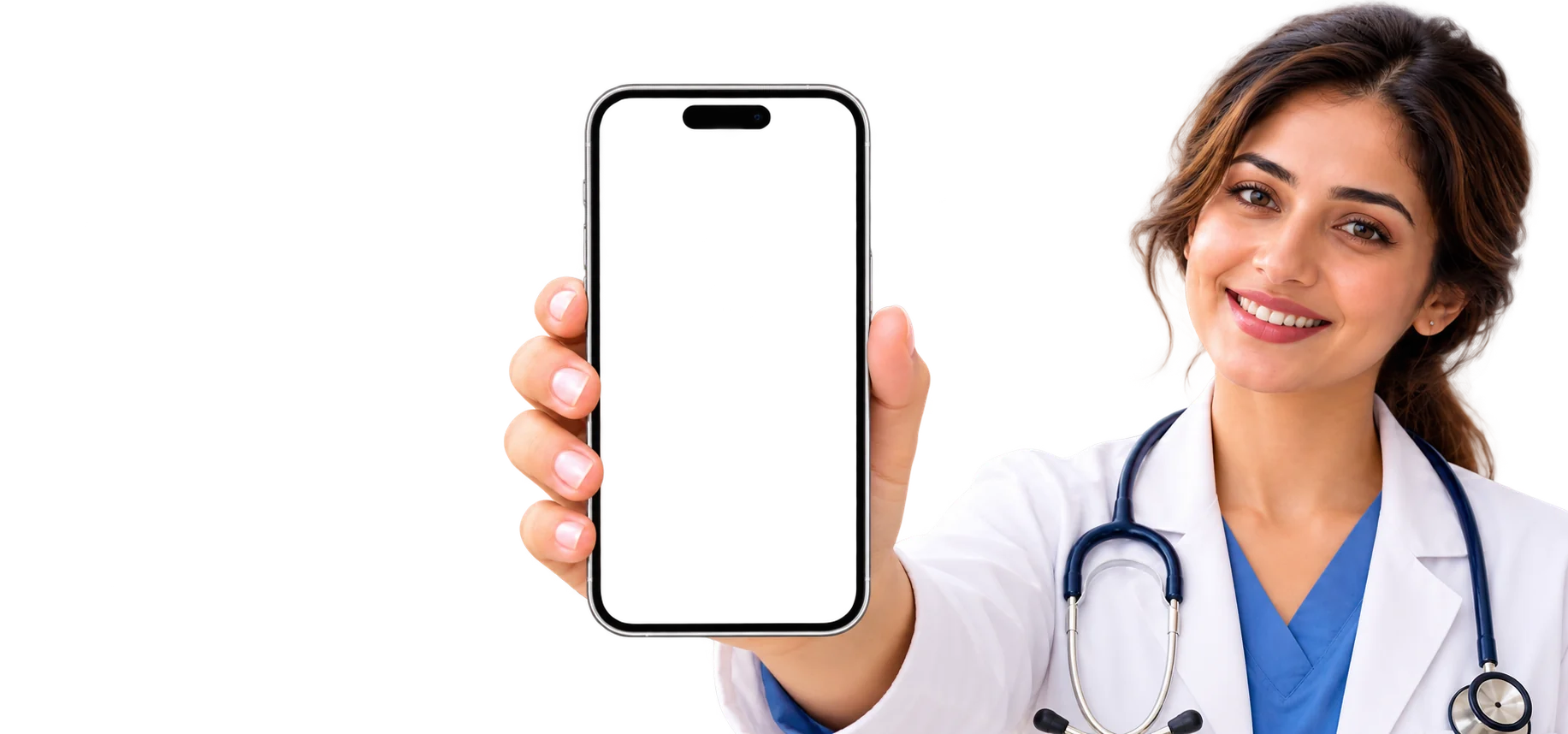 A smiling doctor in a white coat with a stethoscope, holding out a phone with Kidly on its screen