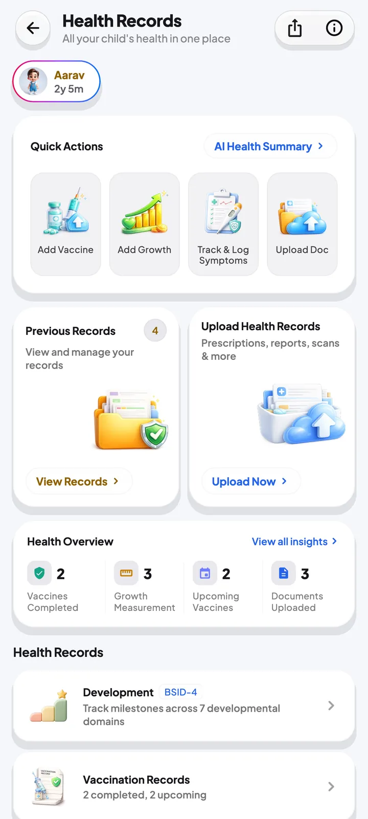 Health Records hub for Aarav with quick actions, previous records, uploads and a health overview