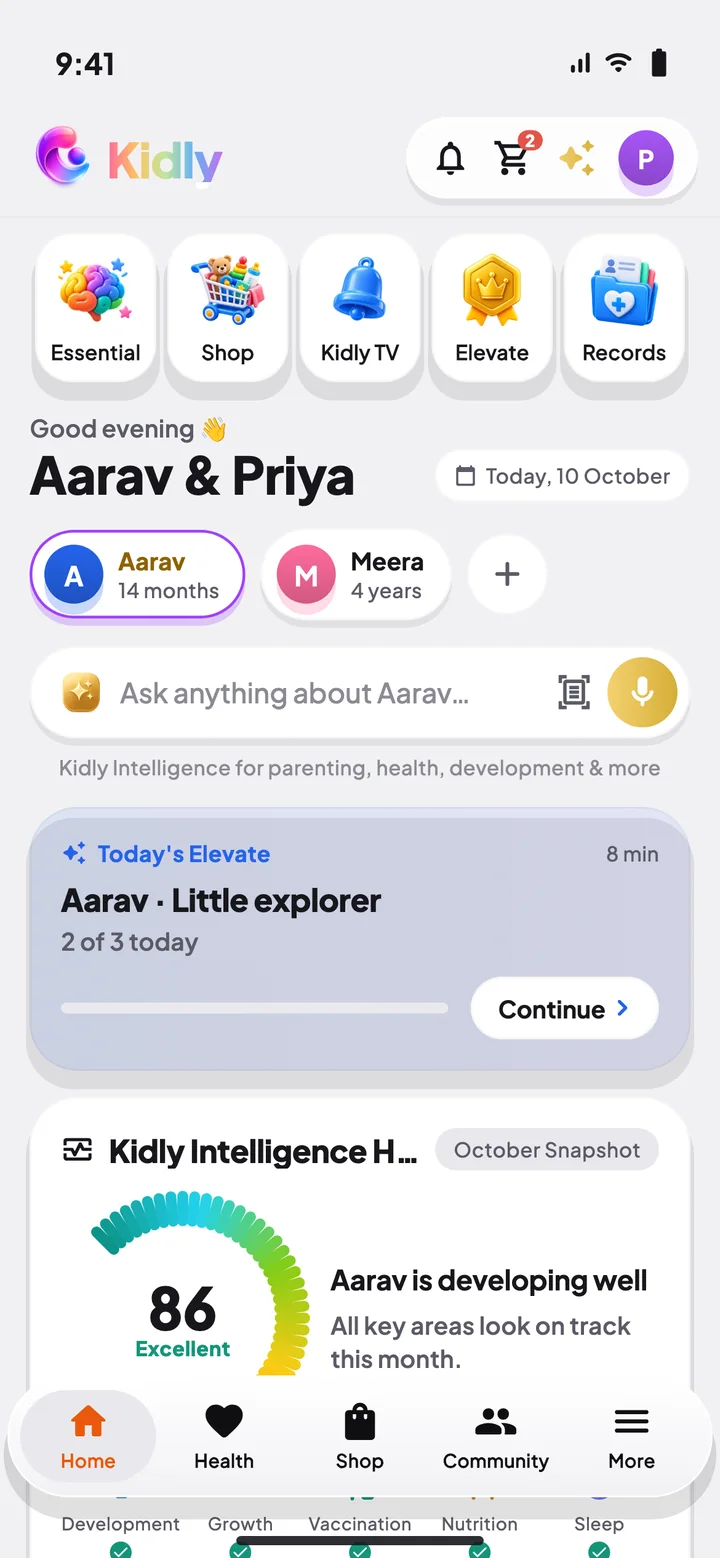 Kidly home screen for Aarav and Meera: Kidly Intelligence health score 86, Excellent, and today's Elevate activity