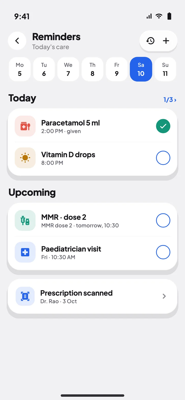 Reminders: paracetamol given, vitamin D drops due, MMR dose 2 tomorrow and a paediatrician visit on Friday