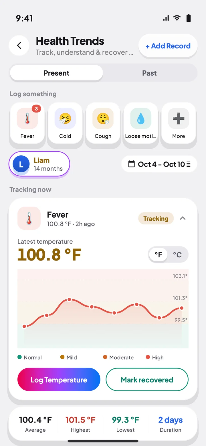 Fever tracked hour by hour for Liam: latest 100.8 °F, with a temperature chart and a Log Temperature button