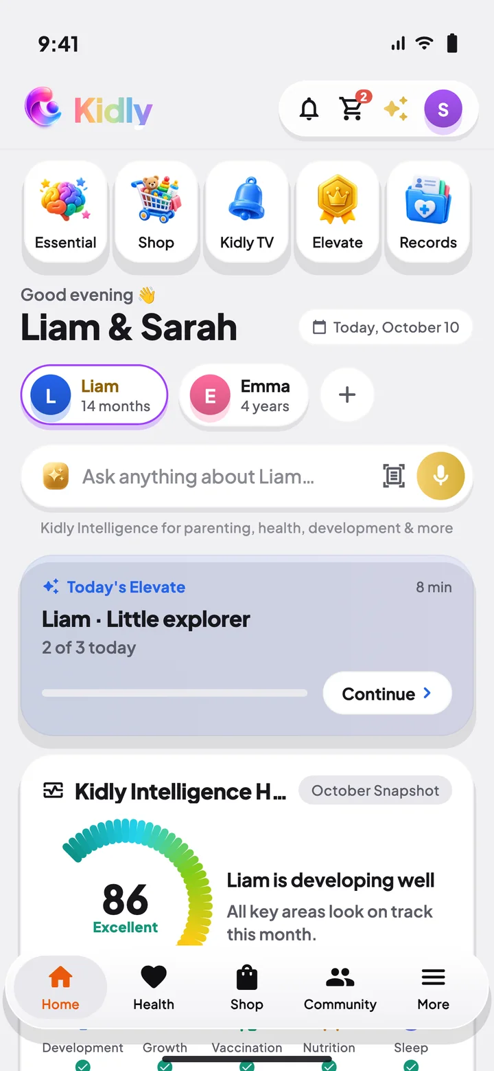 Kidly home screen for Liam and Emma: Kidly Intelligence health score 86, Excellent, and today's Elevate activity